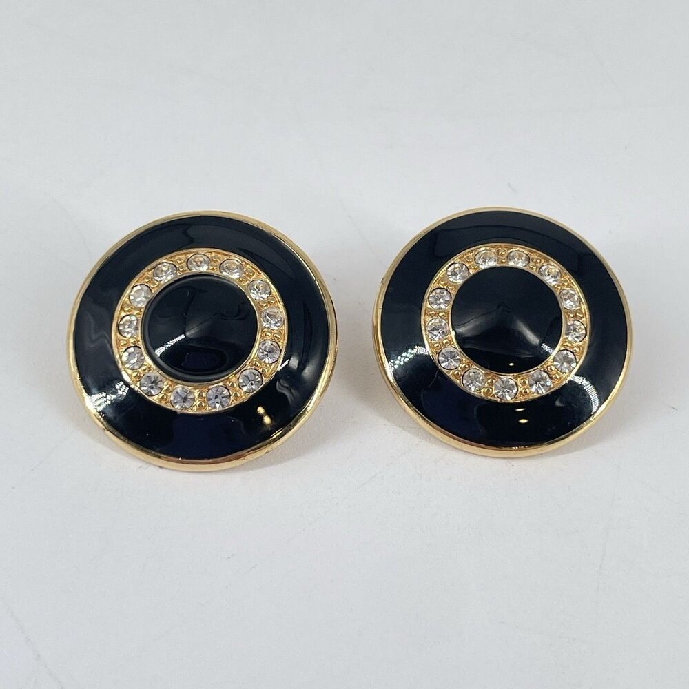 Vintage Monet Clip-On Earrings Black Enamel Rhinestone Gold Tone Signed
